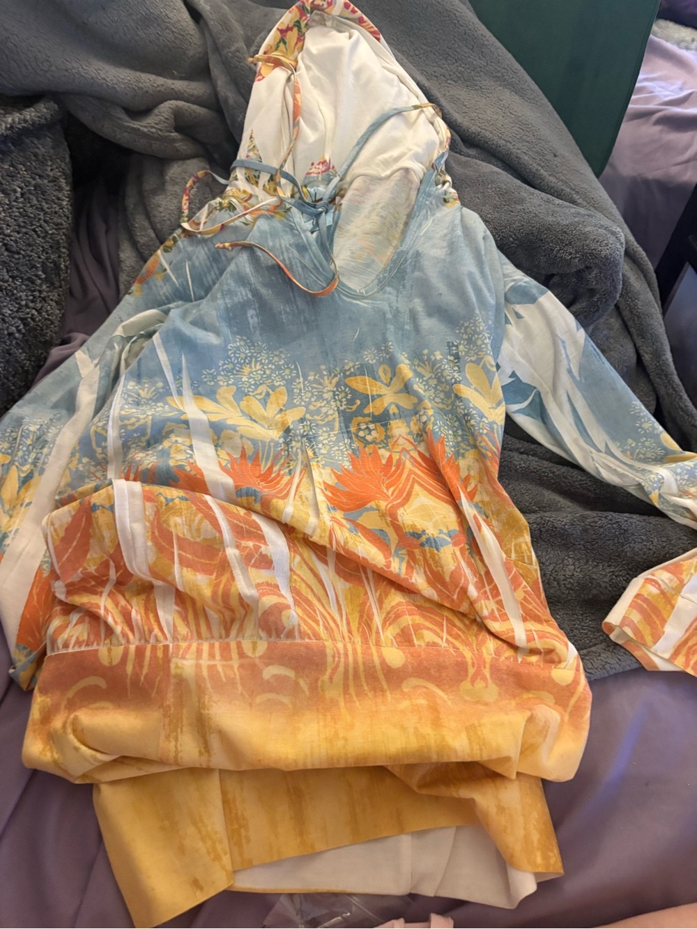 Light Blue and Orange Floral Hoodie Top - Women's Casual Pullover